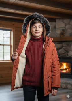 جاكيت باركا شتوي مبطن بالفرو 5139  - قرميدي