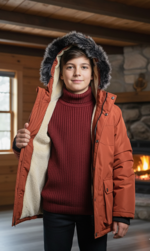 جاكيت باركا شتوي مبطن بالفرو 5139  - قرميدي