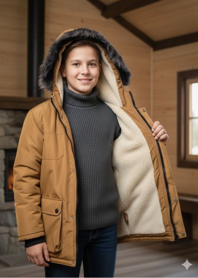 5139 جاكيت ولادي براشوت طويل  - بني