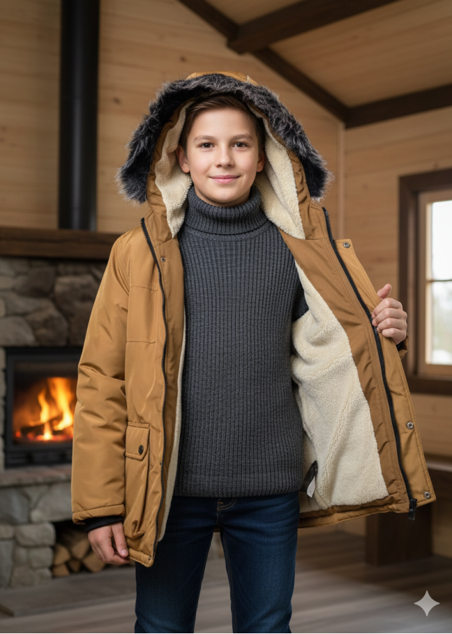 5139 جاكيت ولادي براشوت طويل  - بني