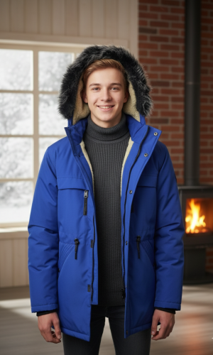 جاكيت باركا شتوي للمراهقين مبطن بالفرو 5140 - ازرق