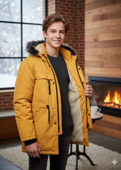 جاكيت باركا شتوي للمراهقين مبطن بالفرو 5140 - اصفر