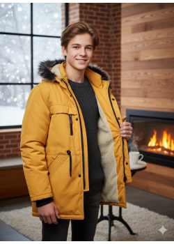 جاكيت باركا شتوي للمراهقين مبطن بالفرو 5140 - اصفر