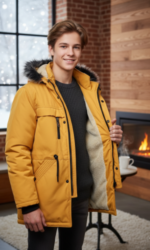 جاكيت باركا شتوي للمراهقين مبطن بالفرو 5140 - اصفر