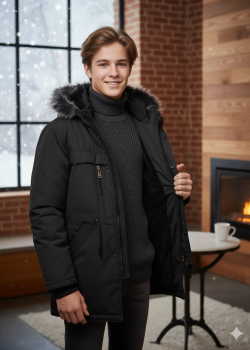 جاكيت باركا شتوي للمراهقين مبطن بالفرو 5140 - اسود