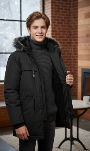 Mit Sherpa-Fell gefütterte Winter-Parka-Jacke für Jugendliche 5140 - Schwarz