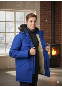 جاكيت باركا شتوي للمراهقين مبطن بالفرو 5140 - ازرق