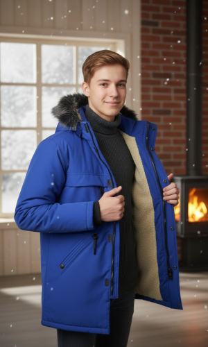 جاكيت باركا شتوي للمراهقين مبطن بالفرو 5140 - ازرق