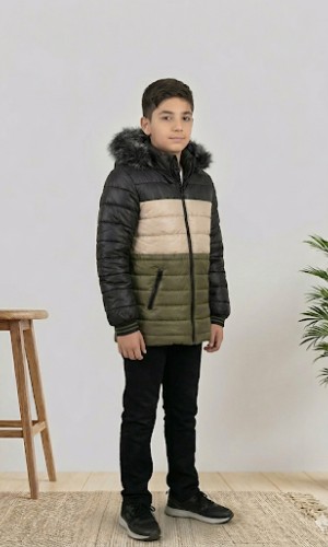 جاكيت ولادي شتوي مبطن فرو 5147 - زيتي