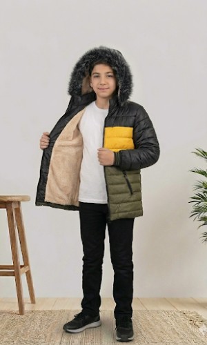 جاكيت ولادي شتوي مبطن فرو 5147 - عسكري