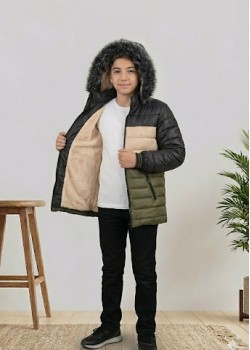 جاكيت ولادي شتوي مبطن فرو 5147 - زيتي