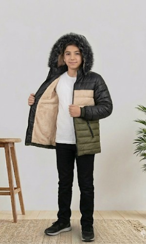 جاكيت ولادي شتوي مبطن فرو 5147 - زيتي