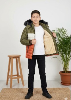 جاكيت ولادي شتوي مبطن فرو 5147 - برتقالي