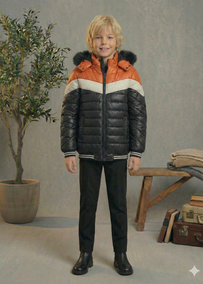 جاكيت مبطن بنقشة شيفرون وبطانة فرو 5148  - اسود