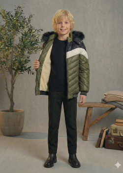 جاكيت مبطن بنقشة شيفرون وبطانة فرو 5148  - زيتي