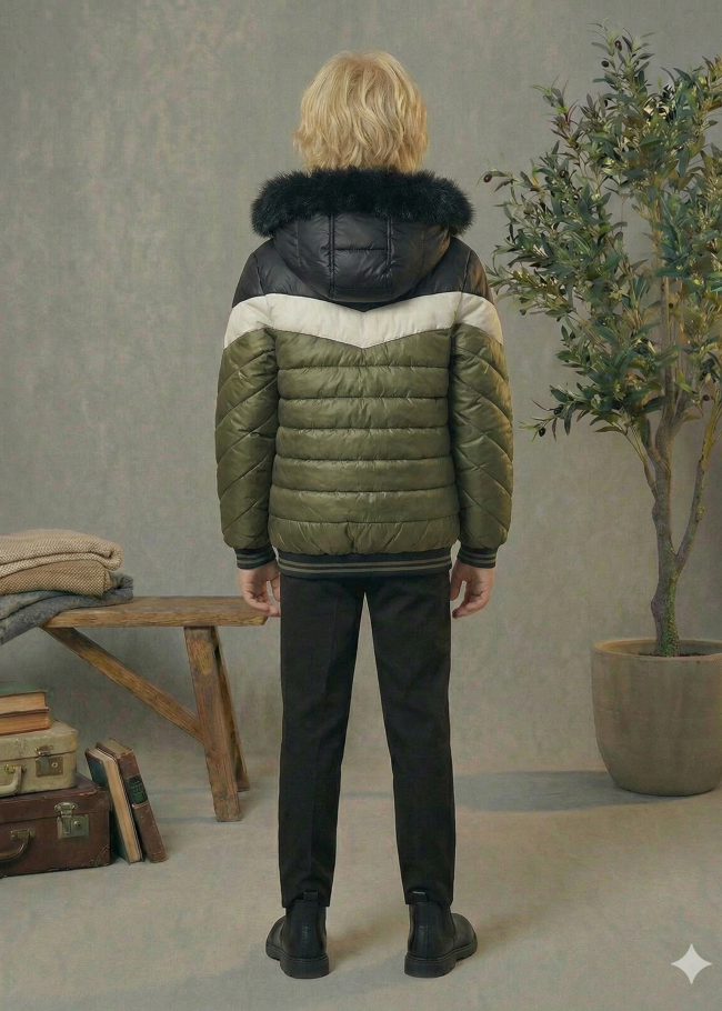 جاكيت مبطن بنقشة شيفرون وبطانة فرو 5148  - زيتي