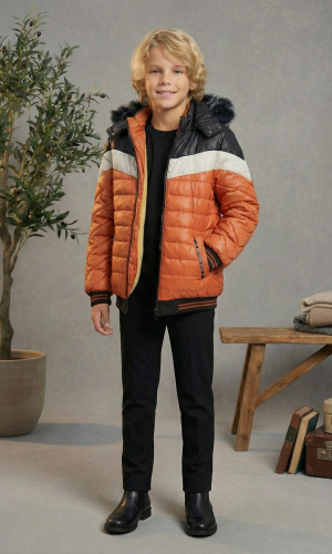 جاكيت مبطن بنقشة شيفرون وبطانة فرو 5148  - قرميدي