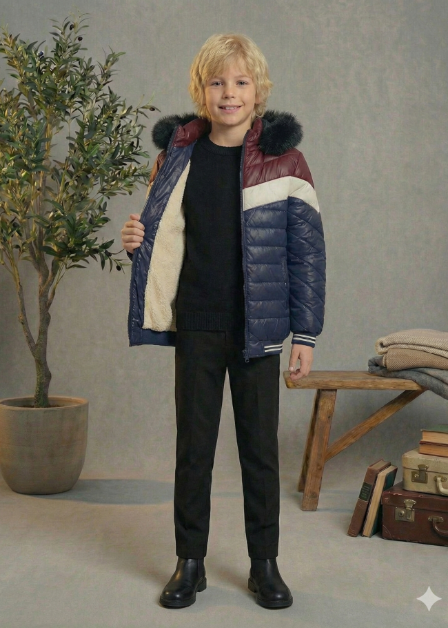 Gefütterte Pufferjacke mit Chevron-Steppung und Fellfutter 5148  - Dunkelblau