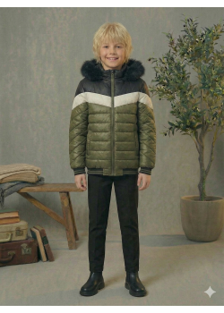 جاكيت مبطن بنقشة شيفرون وبطانة فرو 5148  - زيتي