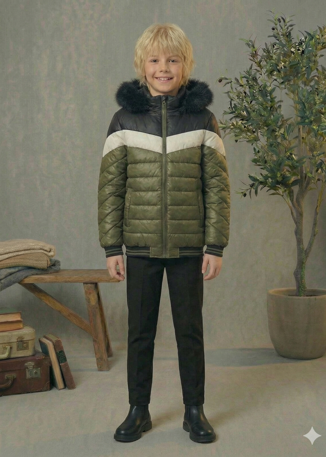 جاكيت مبطن بنقشة شيفرون وبطانة فرو 5148  - زيتي