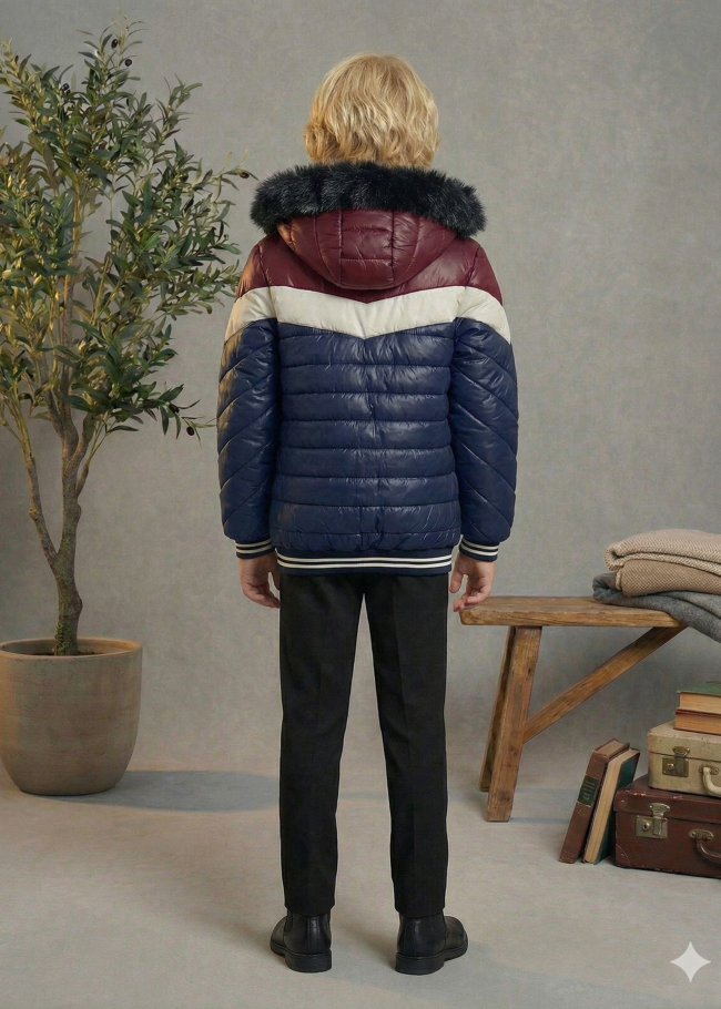 Gefütterte Pufferjacke mit Chevron-Steppung und Fellfutter 5148  - Dunkelblau