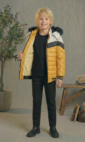 جاكيت مبطن بنقشة شيفرون وبطانة فرو 5148  - اصفر