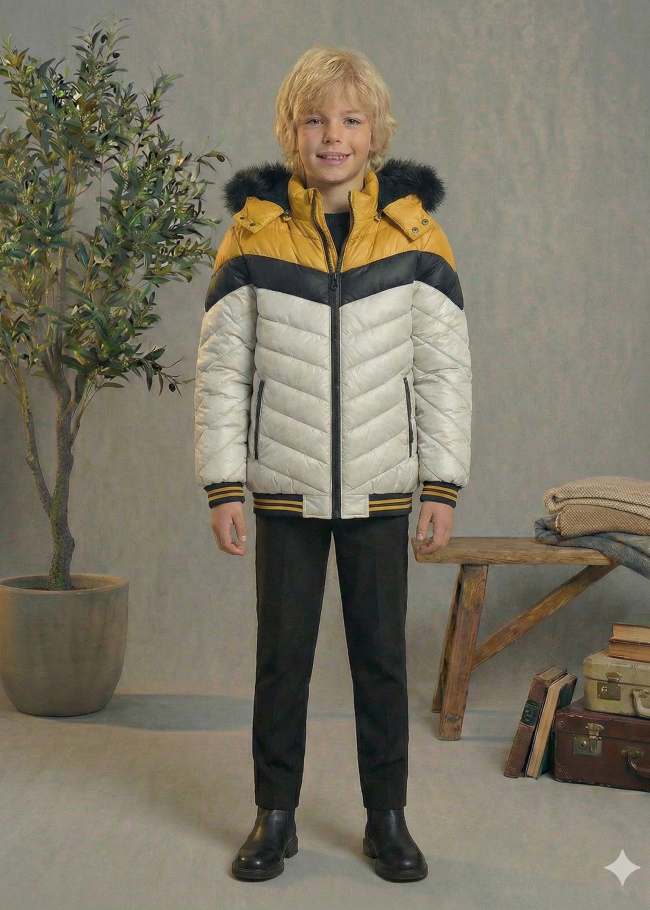 جاكيت مبطن بنقشة شيفرون وبطانة فرو 5148  - فضي