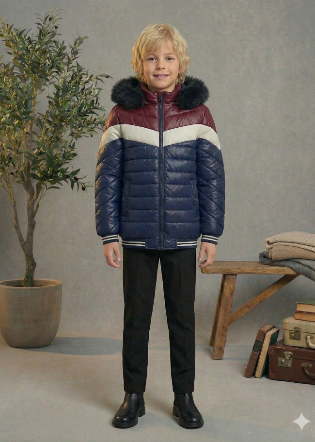 Gefütterte Pufferjacke mit Chevron-Steppung und Fellfutter 5148  - Dunkelblau