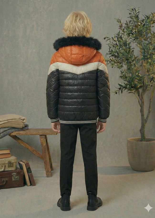 جاكيت مبطن بنقشة شيفرون وبطانة فرو 5148  - اسود