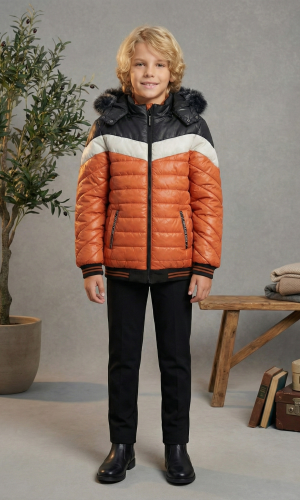 جاكيت مبطن بنقشة شيفرون وبطانة فرو 5148  - قرميدي