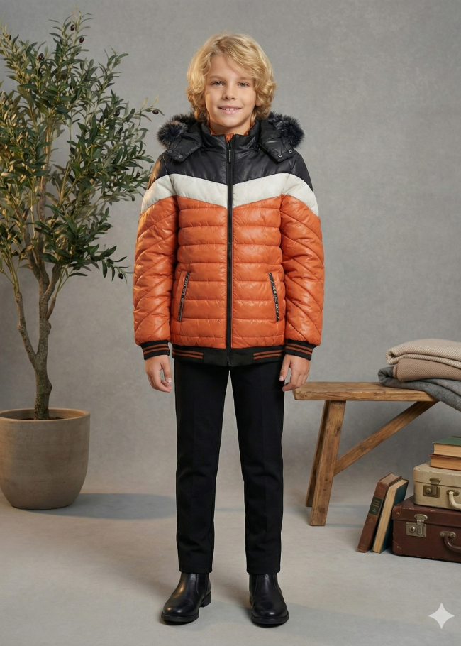 جاكيت مبطن بنقشة شيفرون وبطانة فرو 5148  - قرميدي