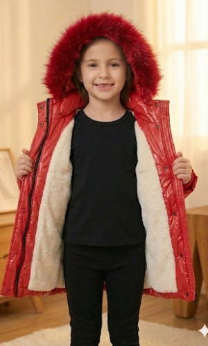Glänzende Mädchen-Winterjacke mit warmem Fellfutter (Mehrere Farben) 5150  - Rot
