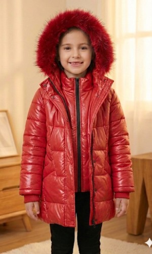 Glänzende Mädchen-Winterjacke mit warmem Fellfutter (Mehrere Farben) 5150  - Rot