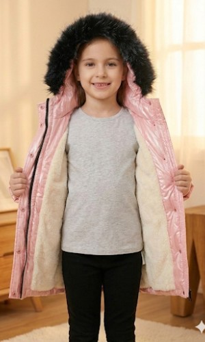 Glossy Girls' Winter Jacket with Full Fur Lining 5150  - pink