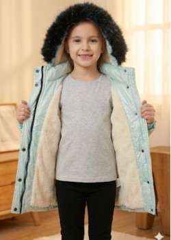 جاكيت شتوي بناتي مبطن بالفرو بالكامل 5150  - فيروزي