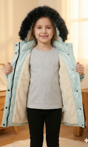 Glänzende Mädchen-Winterjacke mit warmem Fellfutter (Mehrere Farben) 5150  - Mintgrün