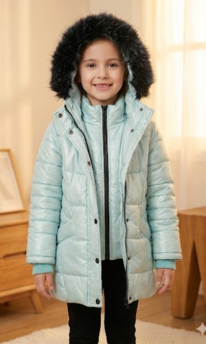 Glänzende Mädchen-Winterjacke mit warmem Fellfutter (Mehrere Farben) 5150  - Mintgrün
