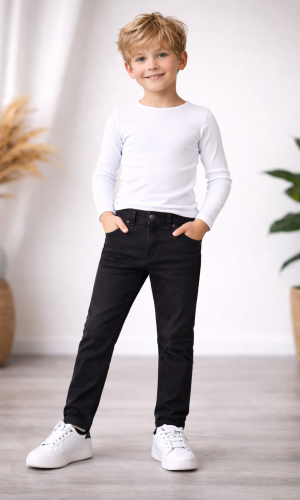 بنطلون جينز ولادي بخصر مطاطي 3502  - اسود