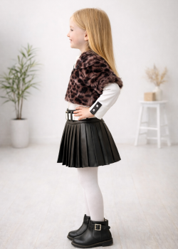 طقم بناتي ثلاث قطع جاكيت فرو وتنورة جلد 3503 - بني