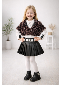 طقم بناتي ثلاث قطع جاكيت فرو وتنورة جلد 3503 - بني