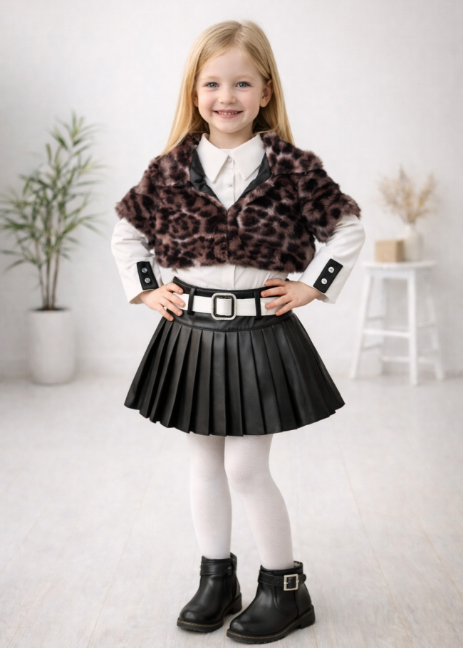 3503  طقم بناتي فرو تنورة جلد - بني