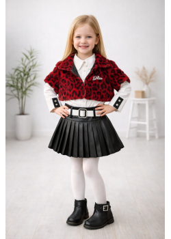 طقم بناتي ثلاث قطع جاكيت فرو وتنورة جلد 3503 - خمري