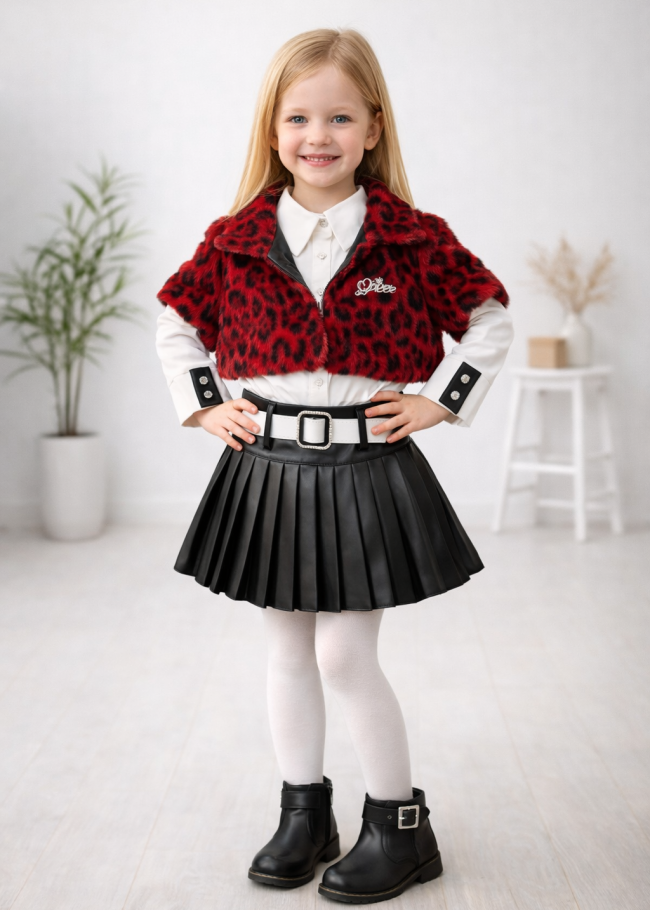 3503  طقم بناتي فرو تنورة جلد - خمري