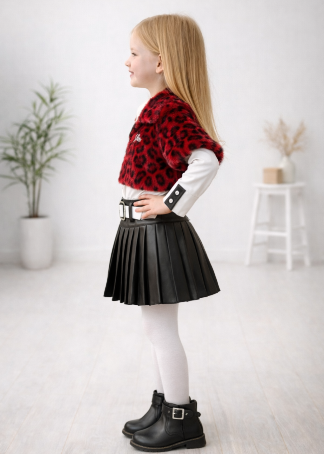 3503  طقم بناتي فرو تنورة جلد - خمري