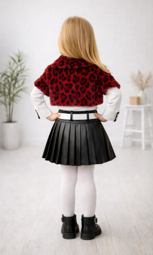 Girls 3-Piece Set Faux Fur Jacket and Leather Skirt 3503 - burgundy