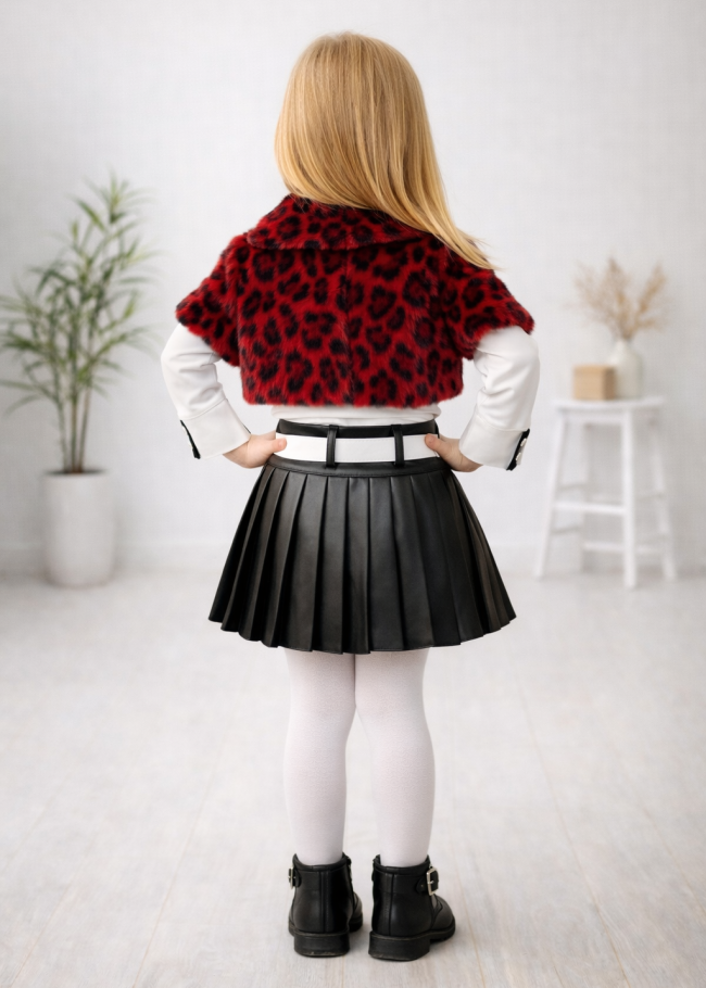 3503  طقم بناتي فرو تنورة جلد - خمري