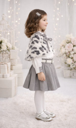 طقم بناتي شتوي تنورة وبلوزة مع كيب فرو 3504 - فضي