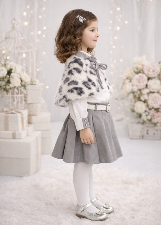 طقم بناتي فرو تنورة 3504 - gray