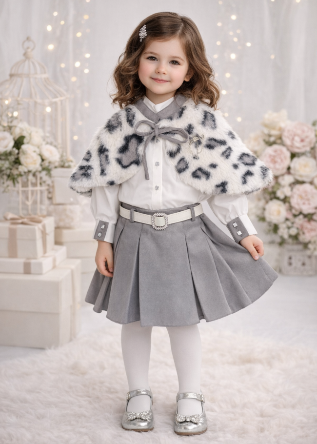 طقم بناتي فرو تنورة 3504 - gray