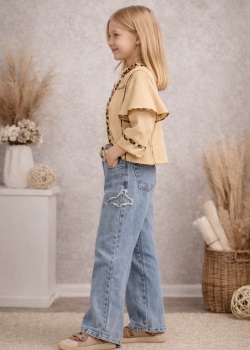 طقم بناتي ثلاث قطع جاكيت عصري وبلوزة وبنطلون جينز 3506 - بيج